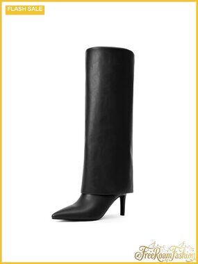 Fold Over Wide Calf Knee High Boots Pointed Toe Stiletto Heel Tall Boot
